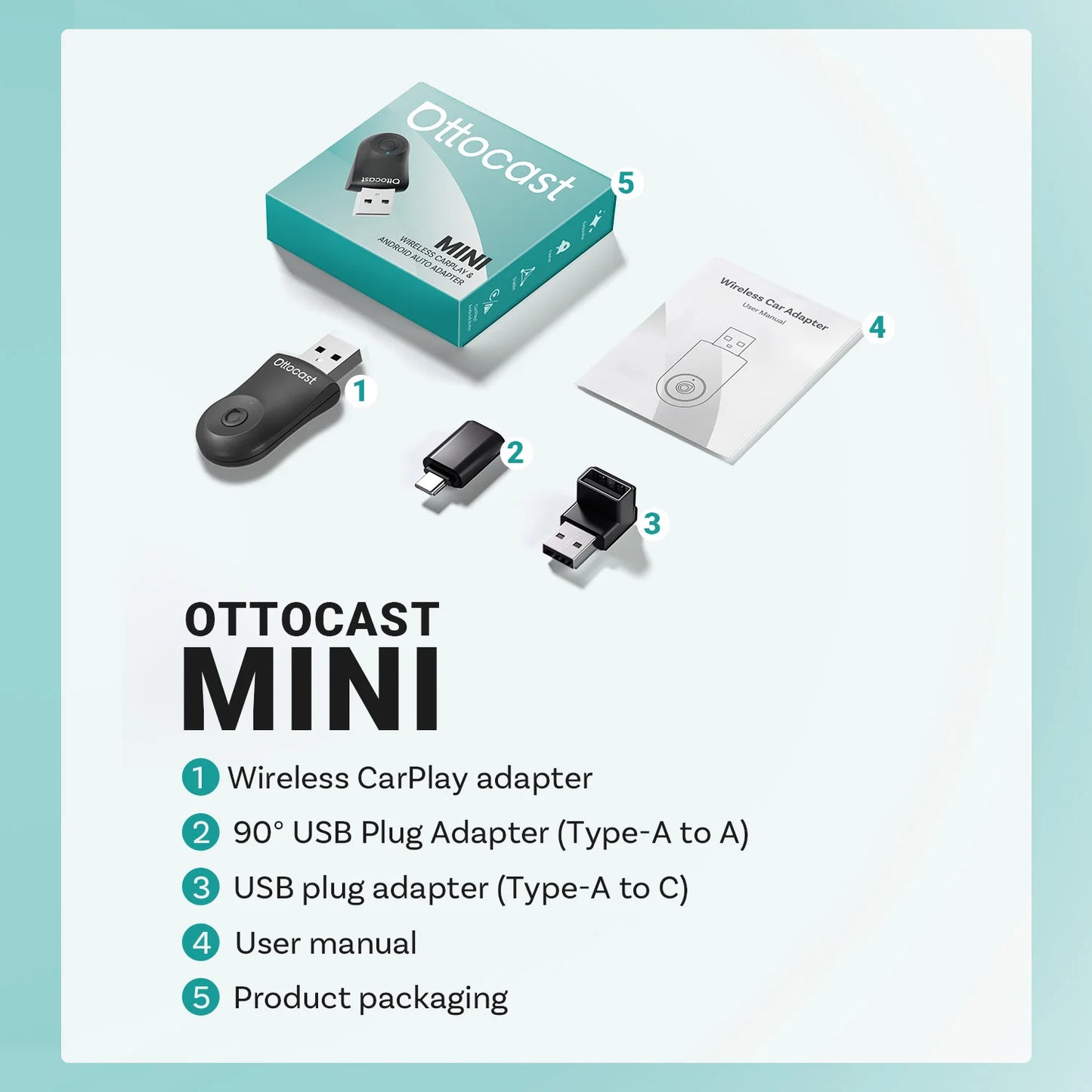 Ottocast Cabin Care Wireless CarPlay Adapter 1080P Car Rear Seat Camera 150° Wide Angle Night For Kids & Pets For Benz Toyota VW
