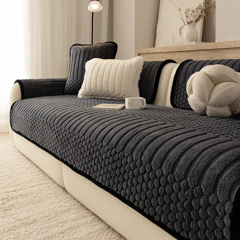 Creamy Fluffy Binding Tuffed Fleece Thickened Warm Non-Slip Sofa Cover, Cozy Sofa SlipCover Towel for Living Room Couches