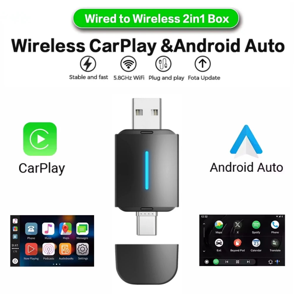 LEXXSON Dual Interface Wireless CarPlay Android Auto Wireless USB TYPE-C Adapter Smart Mini Box Plug Fast Connect Universal