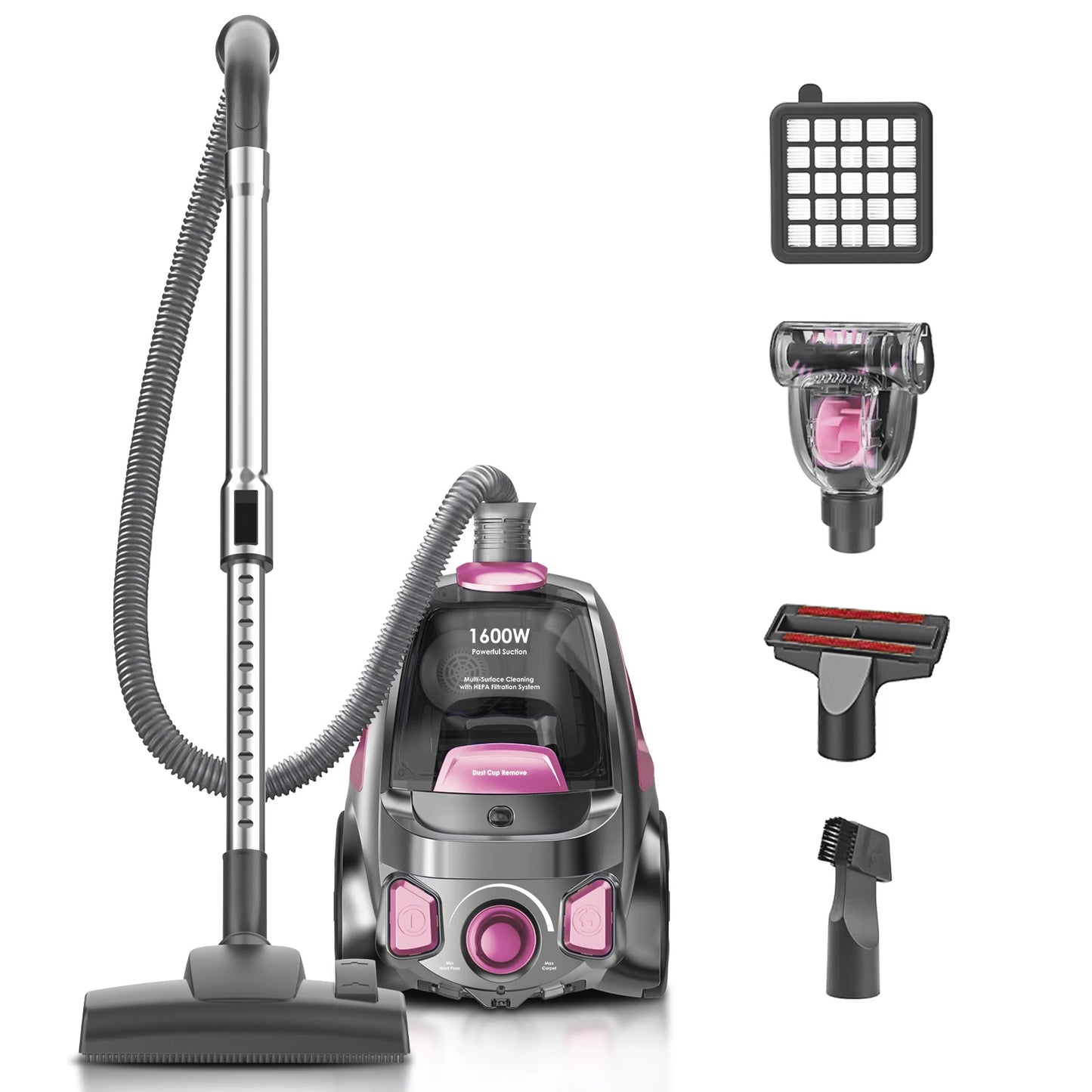Canister Vacuum Cleaner, 40Kpa 1600W Powerful,3.7QT Large Dust Cup Vacuum for Hard Floors, Carpets, Pet Hair