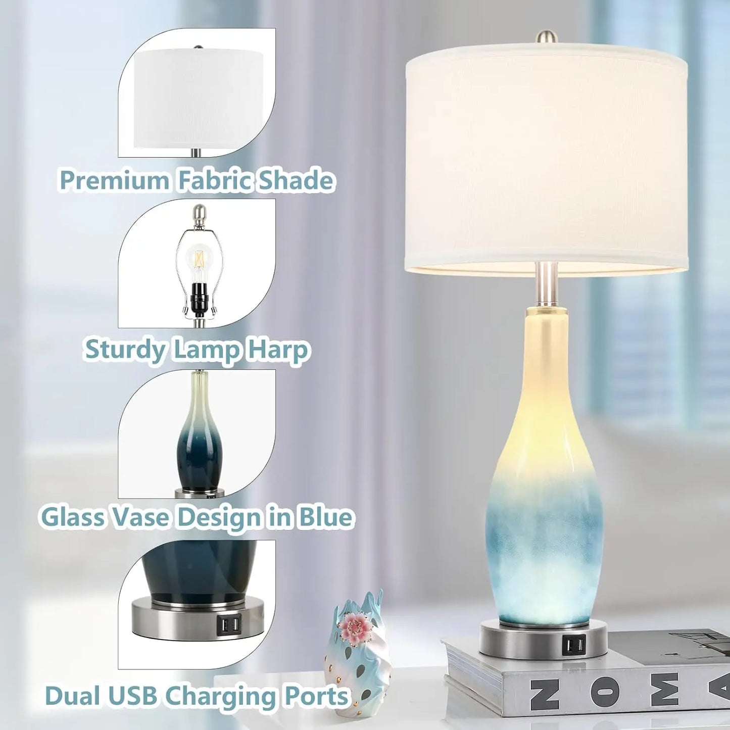 Set of 2 Blue Coastal Glass Table Lamps with USB Charging Ports and LED Nightlight, Modern for Living Room or Bedroom