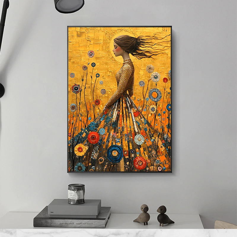 Gustav Klimt Style The Girl in the Golden Dress Canvas Painting Wall Art Home Decor For Living Room Bedroom Holiday Gift