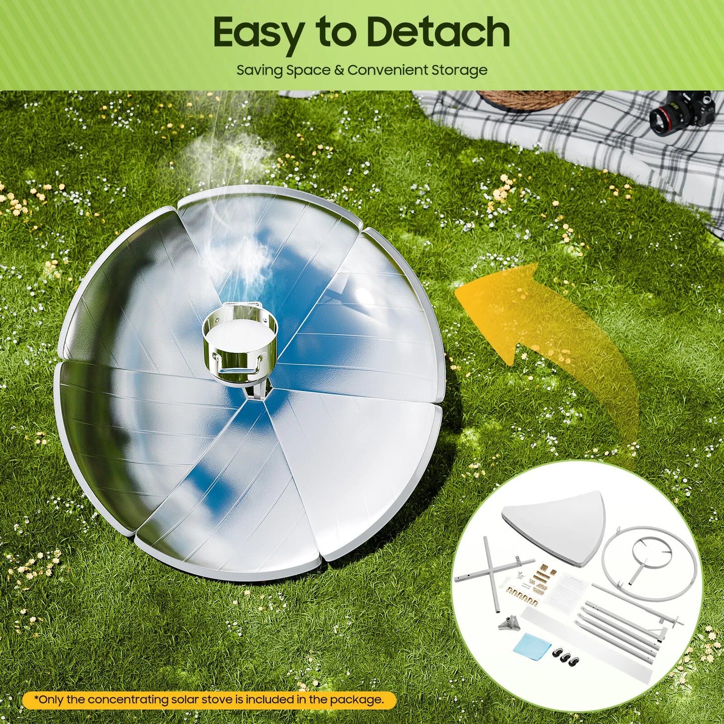 Portable Parabolic Solar Cooker 1500W Thermal Power for Eco-Friendly Camping, Hiking, Off-Grid Living and Emergency Preparedness