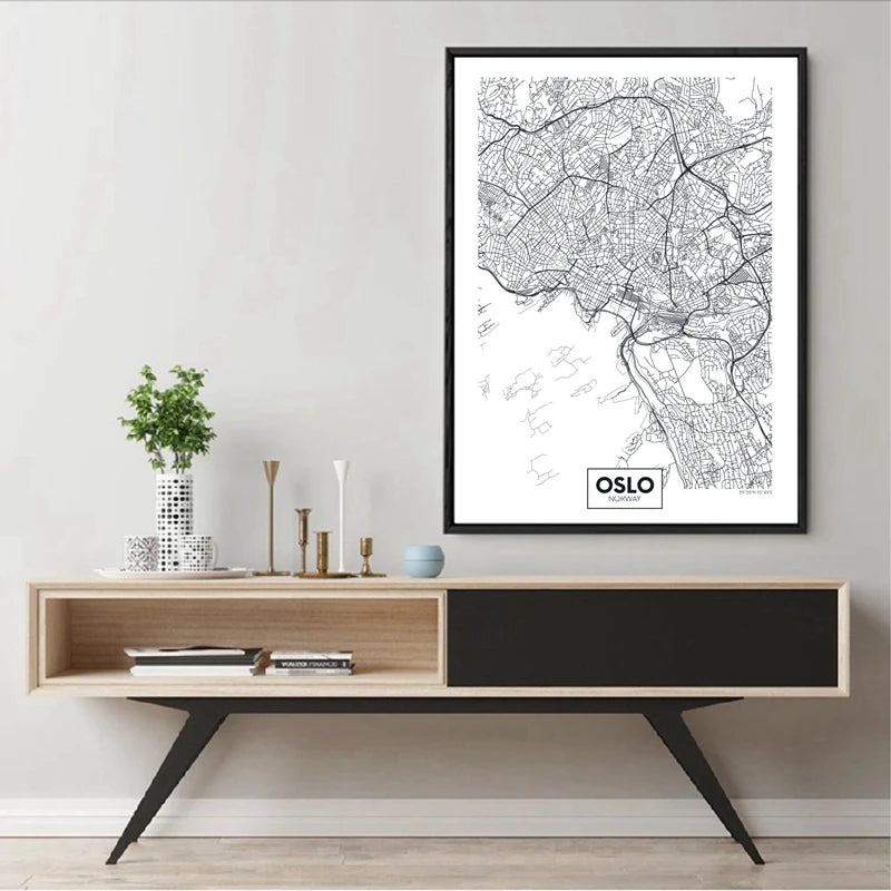 Modern City Oslo Map Minimalist Canvas Painting Black and White Wall Art Print Poster Pictures For Living Room Home Decor