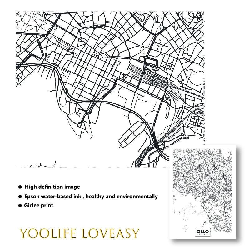 Modern City Oslo Map Minimalist Canvas Painting Black and White Wall Art Print Poster Pictures For Living Room Home Decor