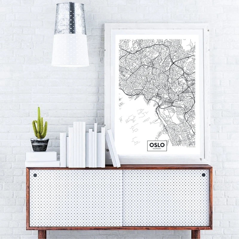 Modern City Oslo Map Minimalist Canvas Painting Black and White Wall Art Print Poster Pictures For Living Room Home Decor