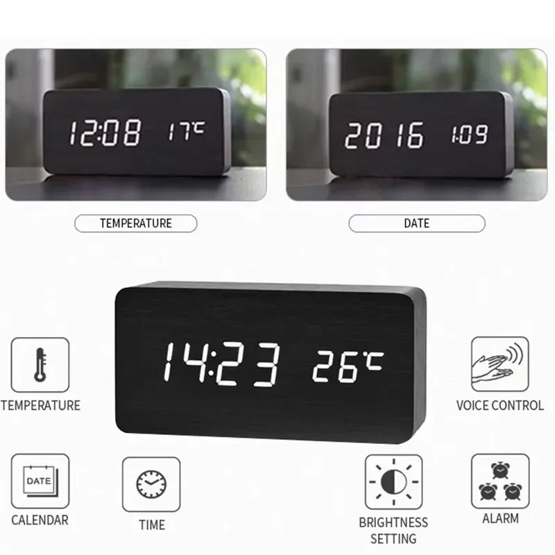 Luminous Wooden Clock Digital Alarm LED Display Electronic Rectangle Desk Table Clocks Temperature Timer Multi Function Eco