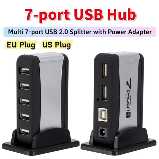 Vertical USB Hub Multi 7 Ports USB 2.0 Splitter with Power Adapter US/EU Up to 127 Devices Connected for PC Computer Accessory