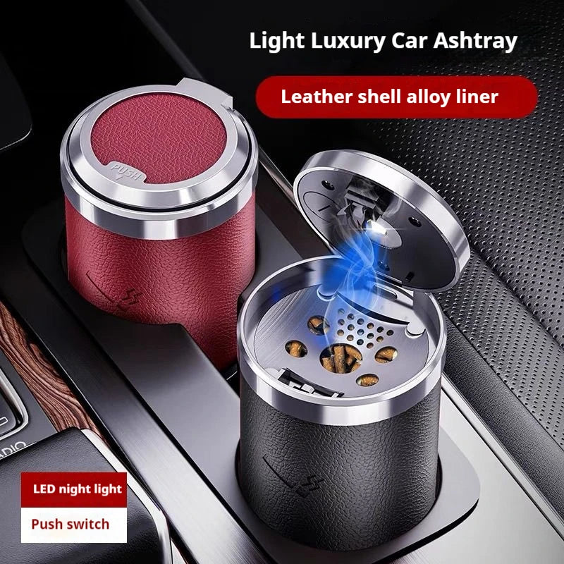 Car LED Ashtray, Light Luxury Leather Appearance, Alloy Liner, Car Ashtray Push Switch, Smart Car Ashtray