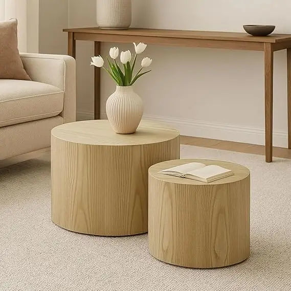Modern Round Wooden Nesting Coffee Tables Set for Small Spaces, Ideal for Living Room and Bedroom