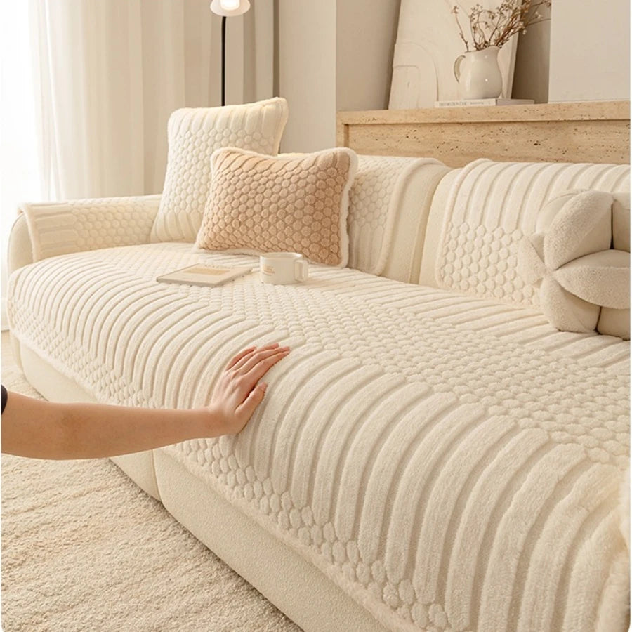 Creamy Fluffy Binding Tuffed Fleece Thickened Warm Non-Slip Sofa Cover, Cozy Sofa SlipCover Towel for Living Room Couches