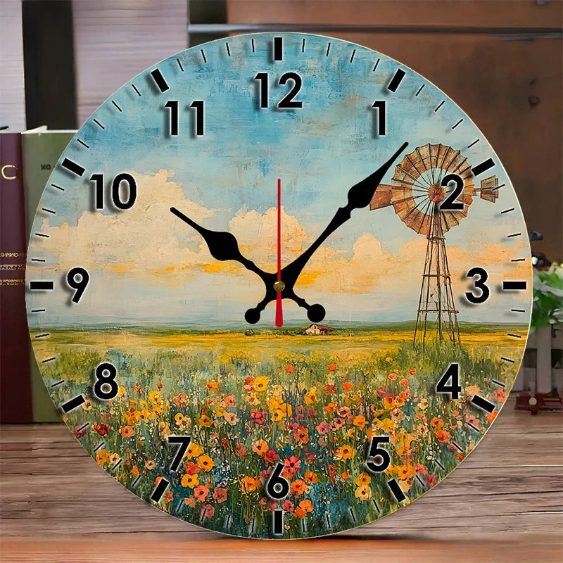 Windmill Field Wooden Round Silent Hanging Wall Clock, Suitable For Living Room, Office, Study Room, Bedroom, Home Decoration