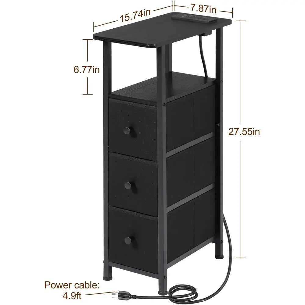 Charging Station End Tables Set of 2 for Living Room, Fabric Drawer Skinny Side Table, Slim Nightstand for Small Spaces, Black H