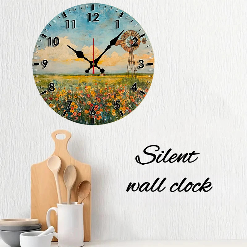 Windmill Field Wooden Round Silent Hanging Wall Clock, Suitable For Living Room, Office, Study Room, Bedroom, Home Decoration