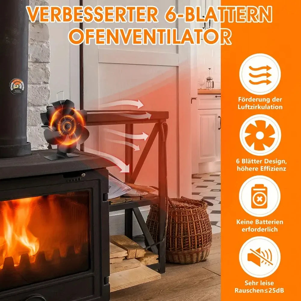 Heat Powered Stove Fan Eco Quiet Black 6 Blades Log Wood Burner Fireplace Fan Efficient Heat Distribution Winter Warmer Home