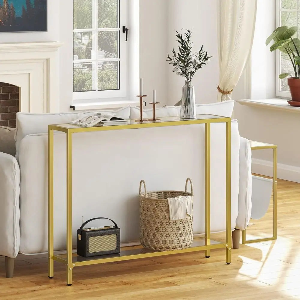 Gold Metal Frame Entryway Table with Tempered Glass, Slim Sofa Table for Living Room and Hallway, GD04XG01