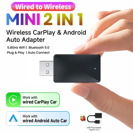 Mini CarPlay Android Auto Wireless Adapter 2IN1 Smart Box Dongle Bluetooth WiFi Fast Connect Plug & Play For OEM Wired Carplay
