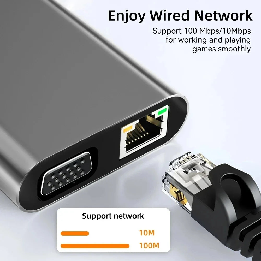 11 Ports USB C HUB Docking Station RJ45 Adapter to HDMI-Compatible 4K VGA SD/TF Card 3.5MM AUX 11-in-1 for PC Laptop Splitter