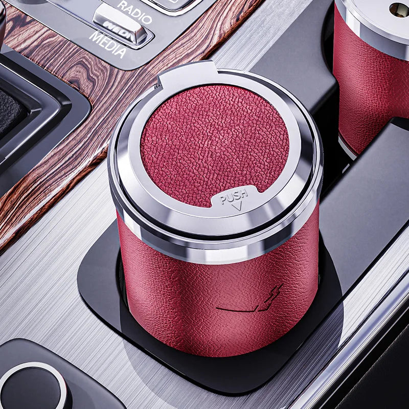 Car LED Ashtray, Light Luxury Leather Appearance, Alloy Liner, Car Ashtray Push Switch, Smart Car Ashtray