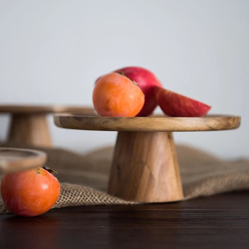 KEMORELA High Stand Wooden Cake Plate Creative Food Serving Trays Eco Natural Wood Dessert Fruit Snack Tray Home Decor