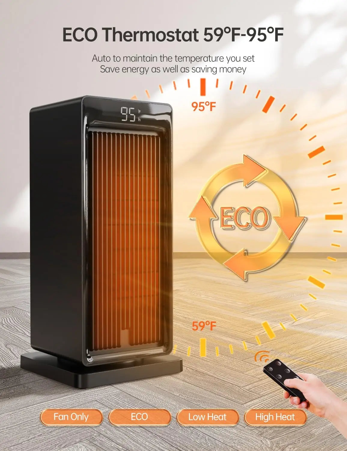 1500W Space Heater, ECO Thermostat, 90° Oscillating, 24H Timer, Remote Control, Fast Heating for Bedroom & Home Office