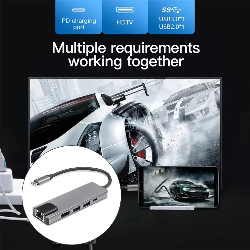 5 Ports USB C Hub to 4K HDMI-Compatible USB 3.0 2.0 HUB Type C Charging PD 100W RJ45 100M Docking for Macbook Notebook Computer