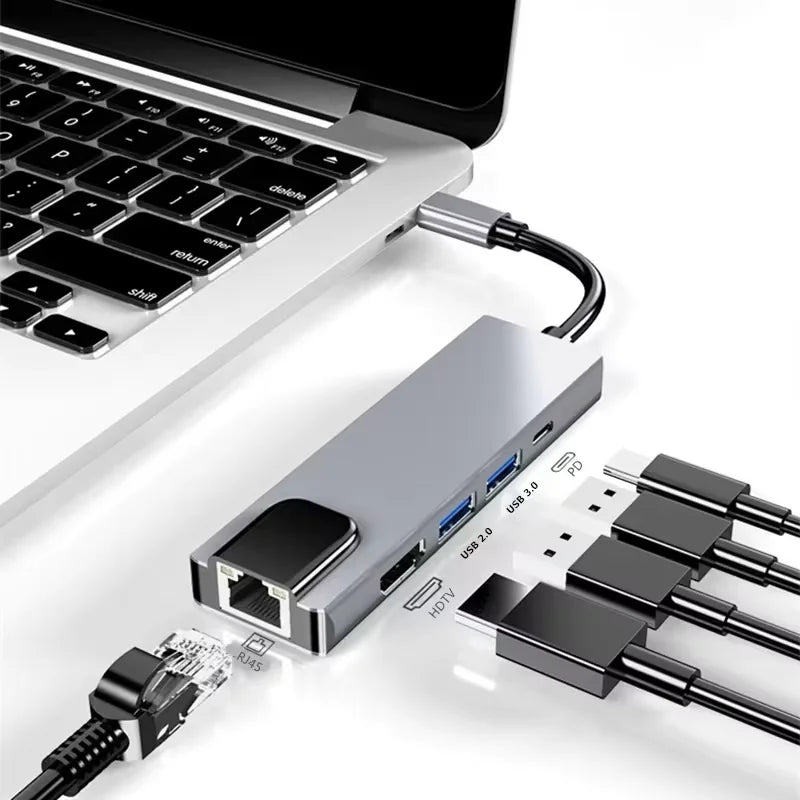 5 Ports USB C Hub to 4K HDMI-Compatible USB 3.0 2.0 HUB Type C Charging PD 100W RJ45 100M Docking for Macbook Notebook Computer