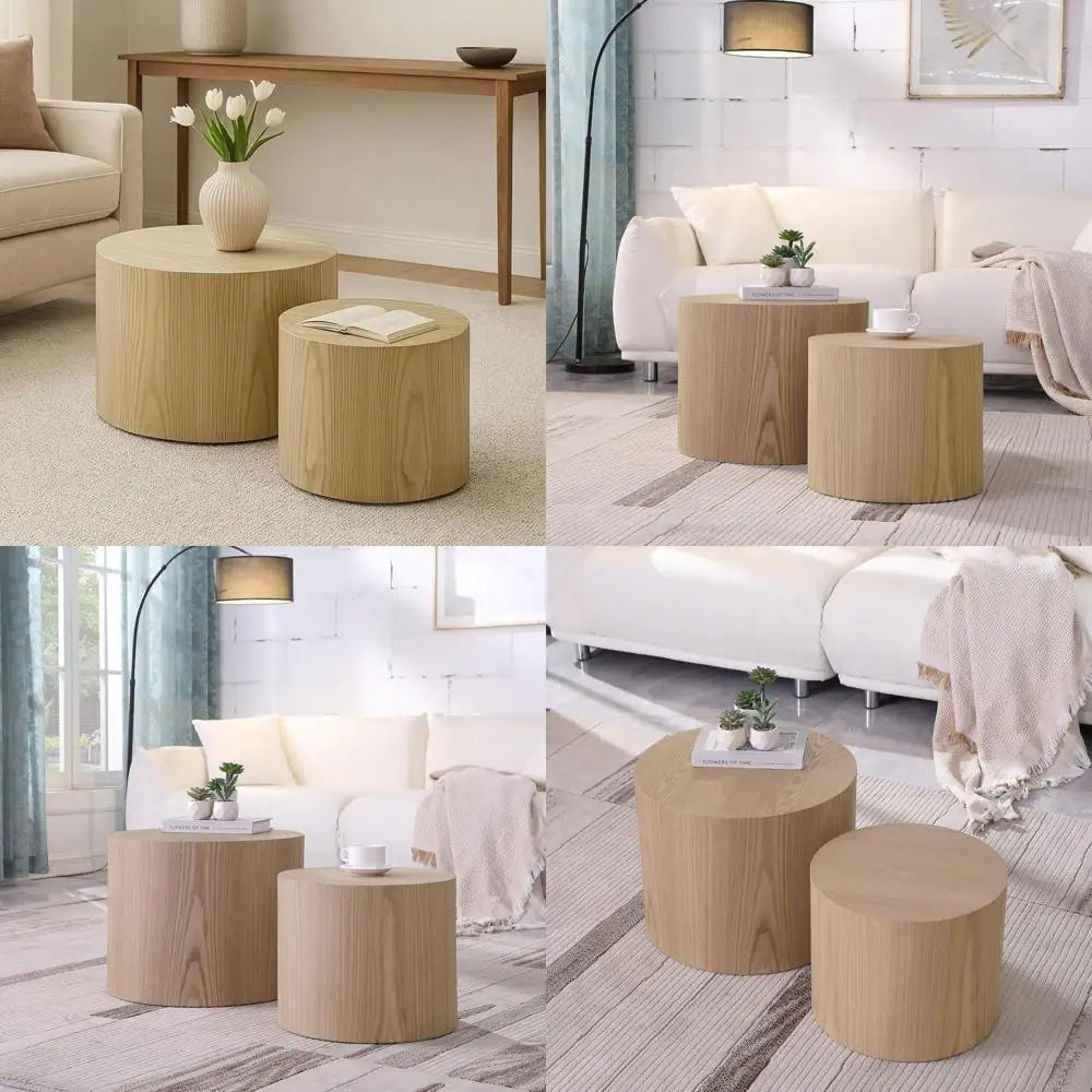 Modern Round Wooden Nesting Coffee Tables Set for Small Spaces, Ideal for Living Room and Bedroom