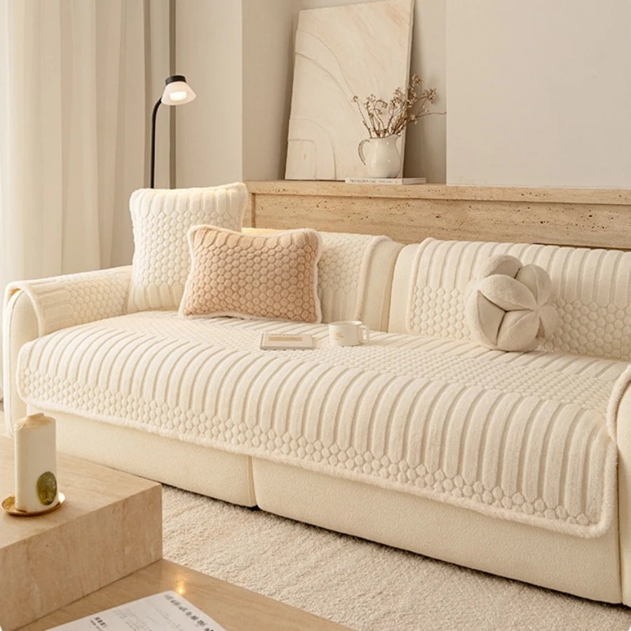 Creamy Fluffy Binding Tuffed Fleece Thickened Warm Non-Slip Sofa Cover, Cozy Sofa SlipCover Towel for Living Room Couches