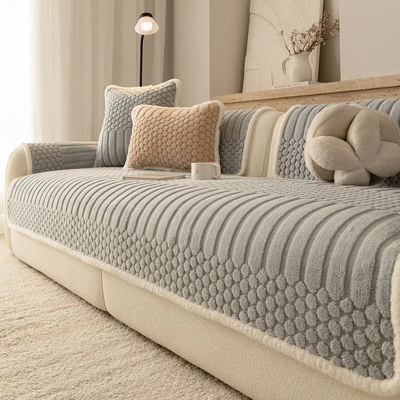 Creamy Fluffy Binding Tuffed Fleece Thickened Warm Non-Slip Sofa Cover, Cozy Sofa SlipCover Towel for Living Room Couches