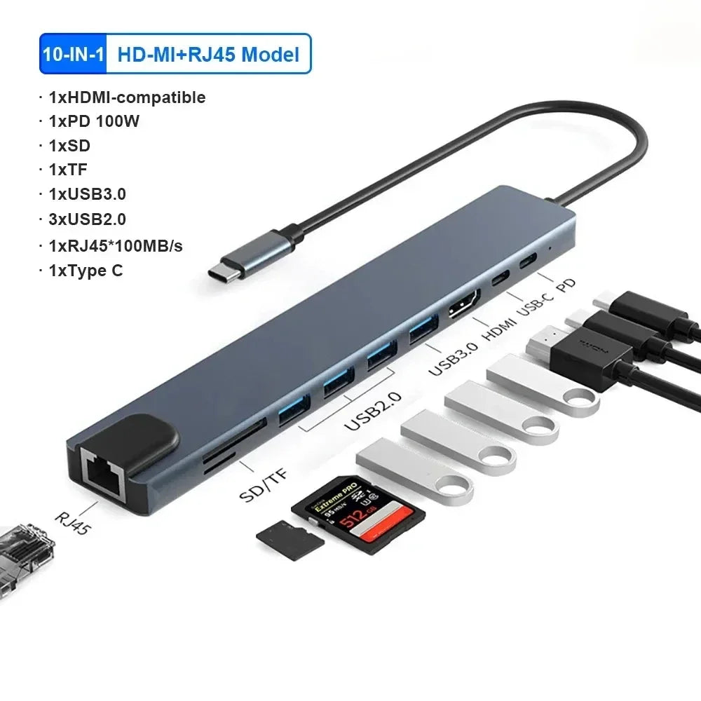 11 Ports USB C HUB Docking Station RJ45 Adapter to HDMI-Compatible 4K VGA SD/TF Card 3.5MM AUX 11-in-1 for PC Laptop Splitter