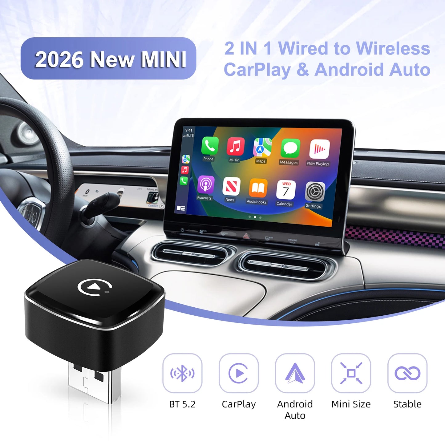 2026 NEW 2in1 Wireless CarPlay&Android Auto Adapter Ultra-Compact Universal Dongle for Factory Wired Cars Plug&Play with WiFi&BT