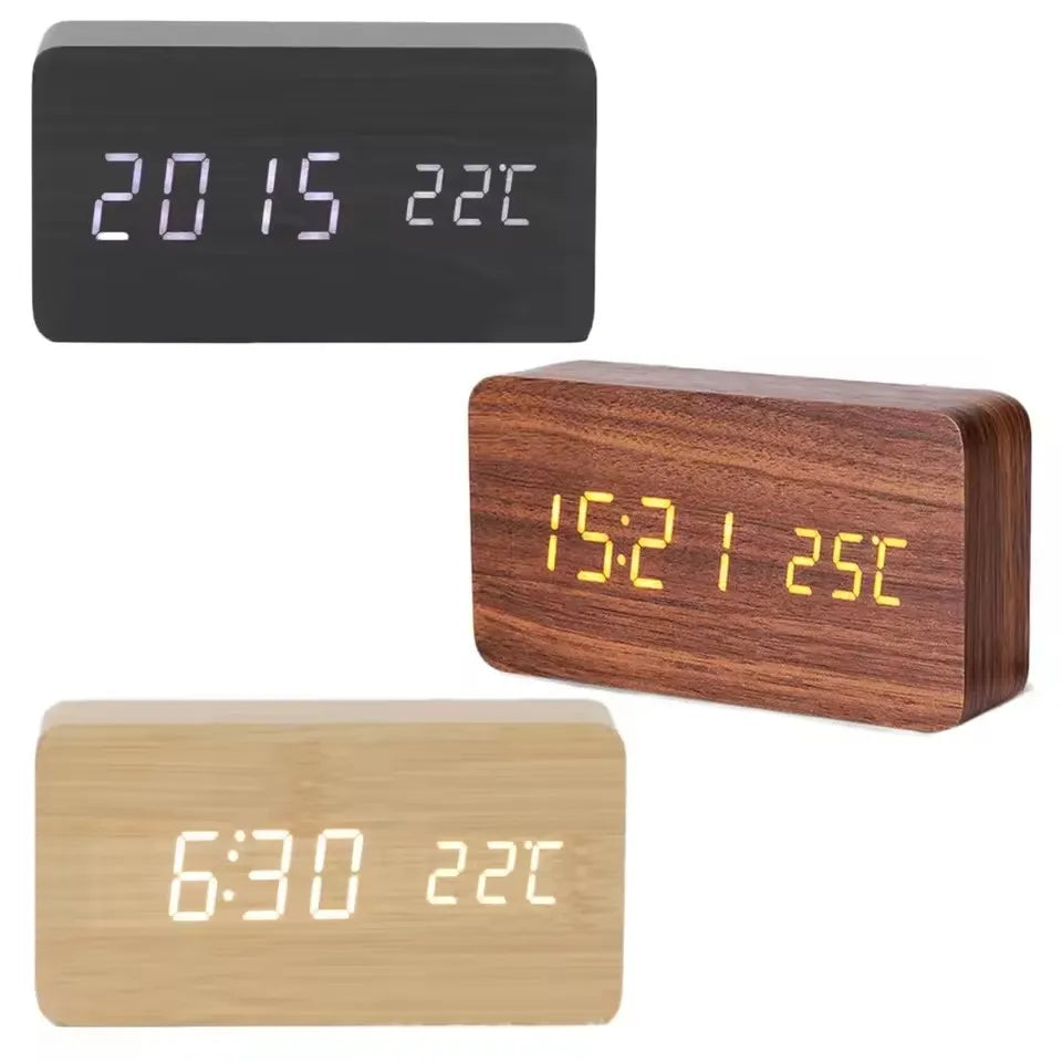 Luminous Wooden Clock Digital Alarm LED Display Electronic Rectangle Desk Table Clocks Temperature Timer Multi Function Eco