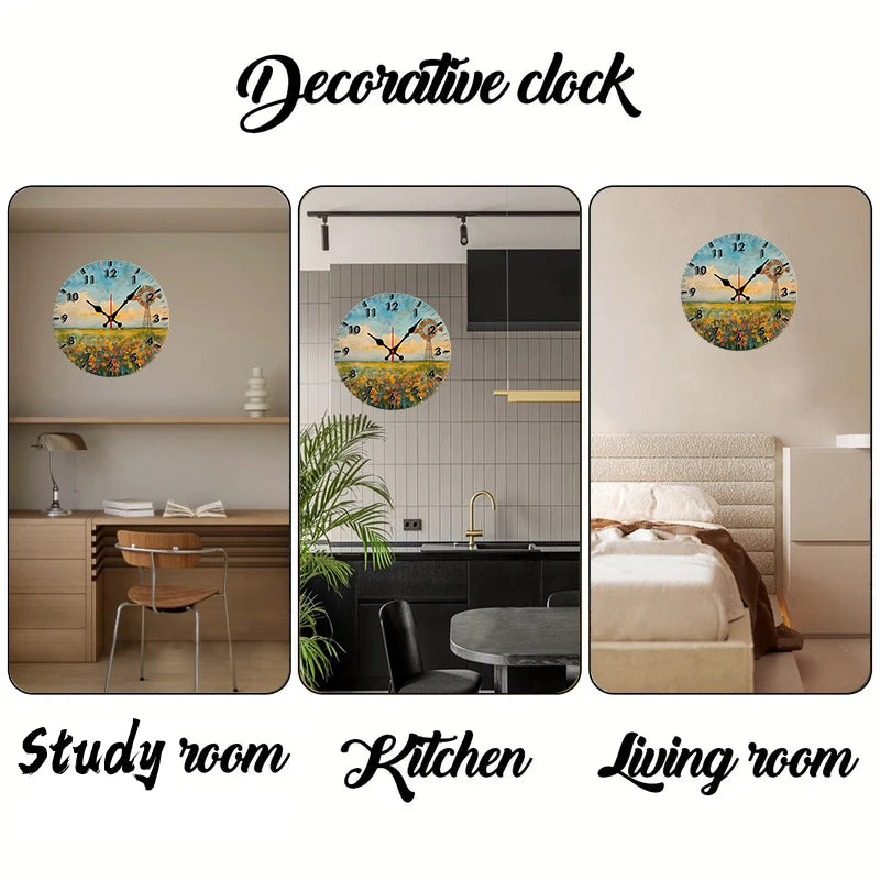 Windmill Field Wooden Round Silent Hanging Wall Clock, Suitable For Living Room, Office, Study Room, Bedroom, Home Decoration