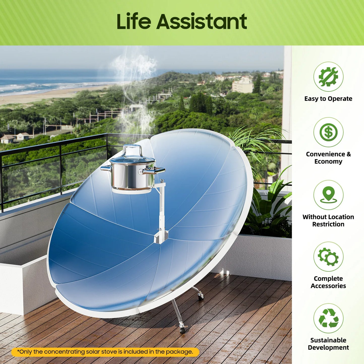 Portable Parabolic Solar Cooker 1500W Thermal Power for Eco-Friendly Camping, Hiking, Off-Grid Living and Emergency Preparedness