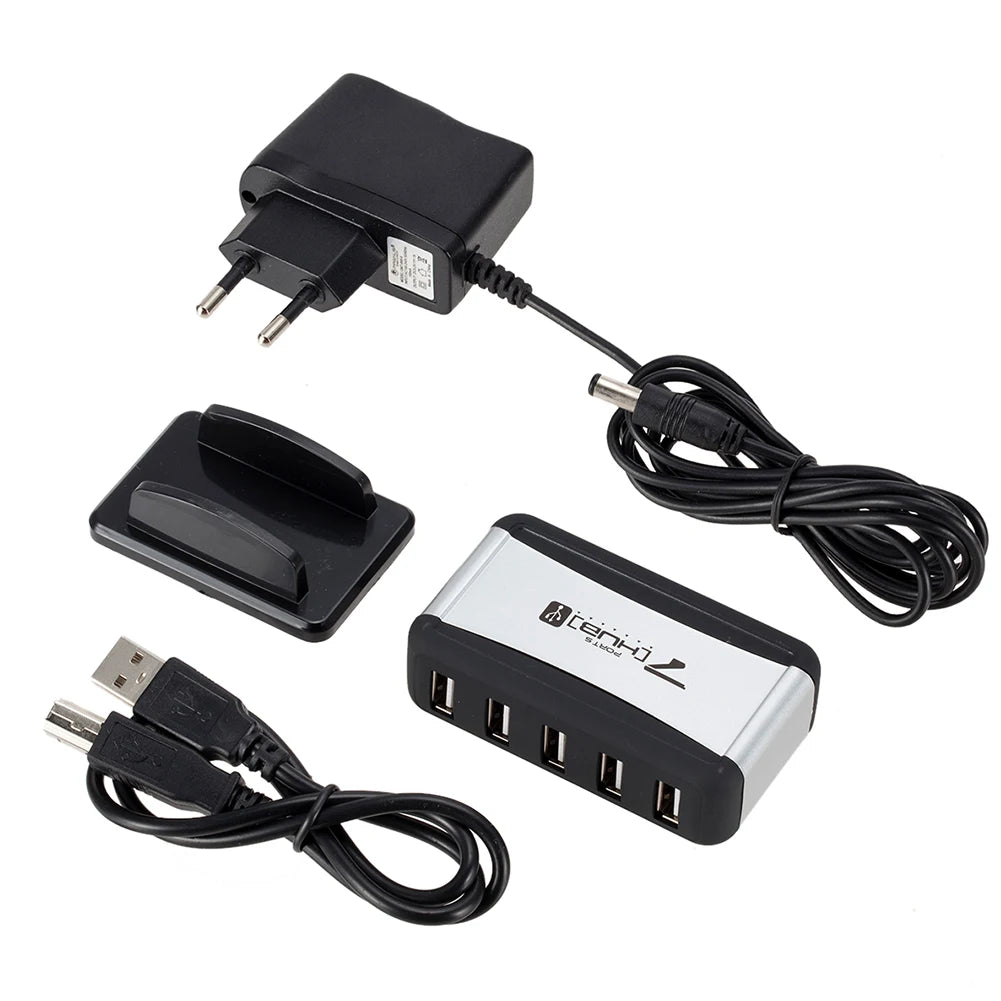 Vertical USB Hub Multi 7 Ports USB 2.0 Splitter with Power Adapter US/EU Up to 127 Devices Connected for PC Computer Accessory