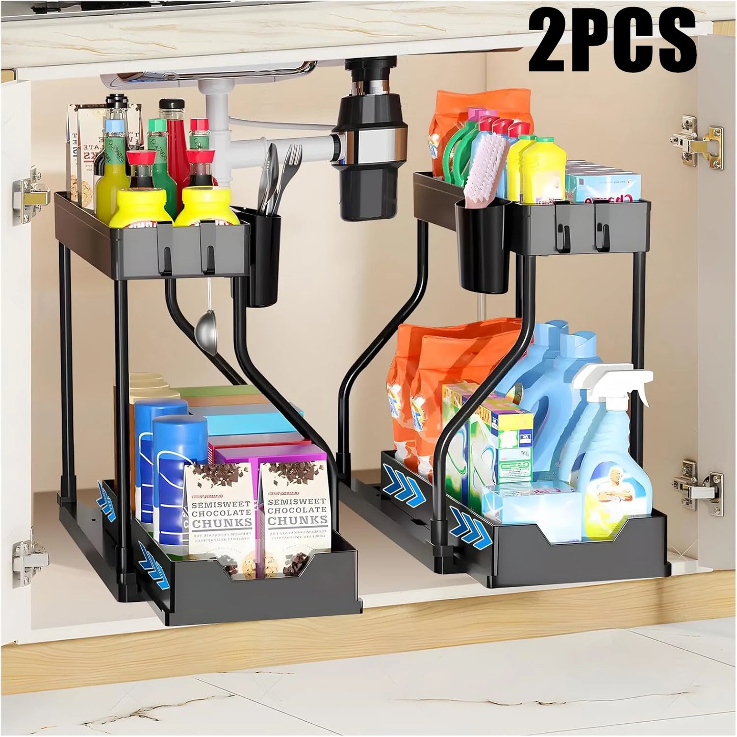 2-Piece Double-Tier Pull-Out Under-Sink Storage Rack Set Kitchen and Bathroom Sink Shelving Unit, Storage Rack