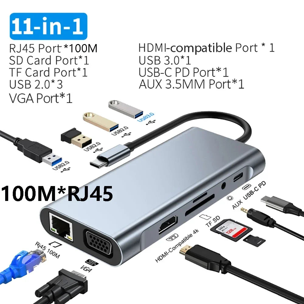 11 Ports USB C HUB Docking Station RJ45 Adapter to HDMI-Compatible 4K VGA SD/TF Card 3.5MM AUX 11-in-1 for PC Laptop Splitter