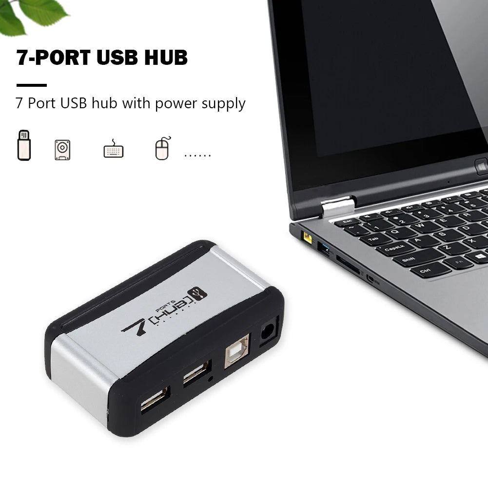 Vertical 7 Port USB Hub USB 2.0 Splitter with Power Adapter for PC Accessories