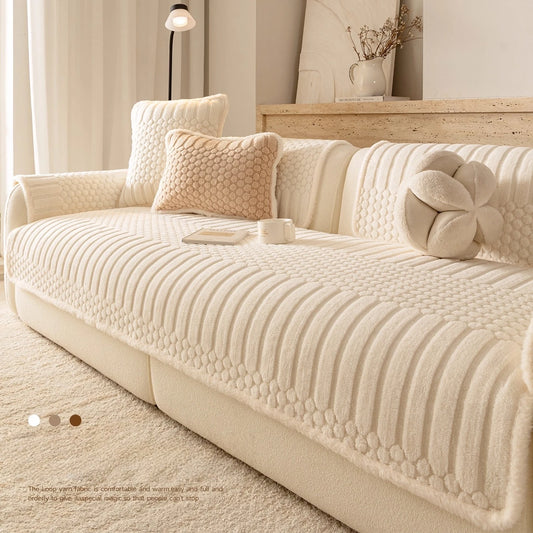 Creamy Fluffy Binding Tuffed Fleece Thickened Warm Non-Slip Sofa Cover, Cozy Sofa SlipCover Towel for Living Room Couches