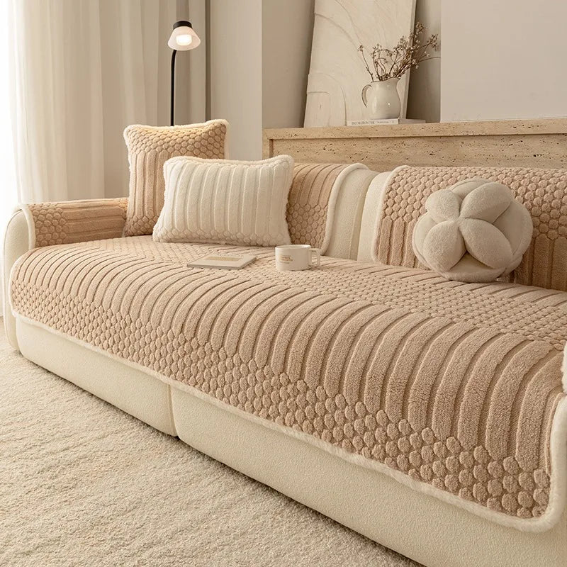 Creamy Fluffy Binding Tuffed Fleece Thickened Warm Non-Slip Sofa Cover, Cozy Sofa SlipCover Towel for Living Room Couches