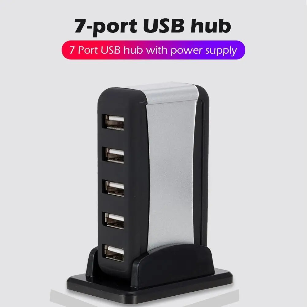 Vertical 7 Port USB Hub USB 2.0 Splitter with Power Adapter for PC Accessories