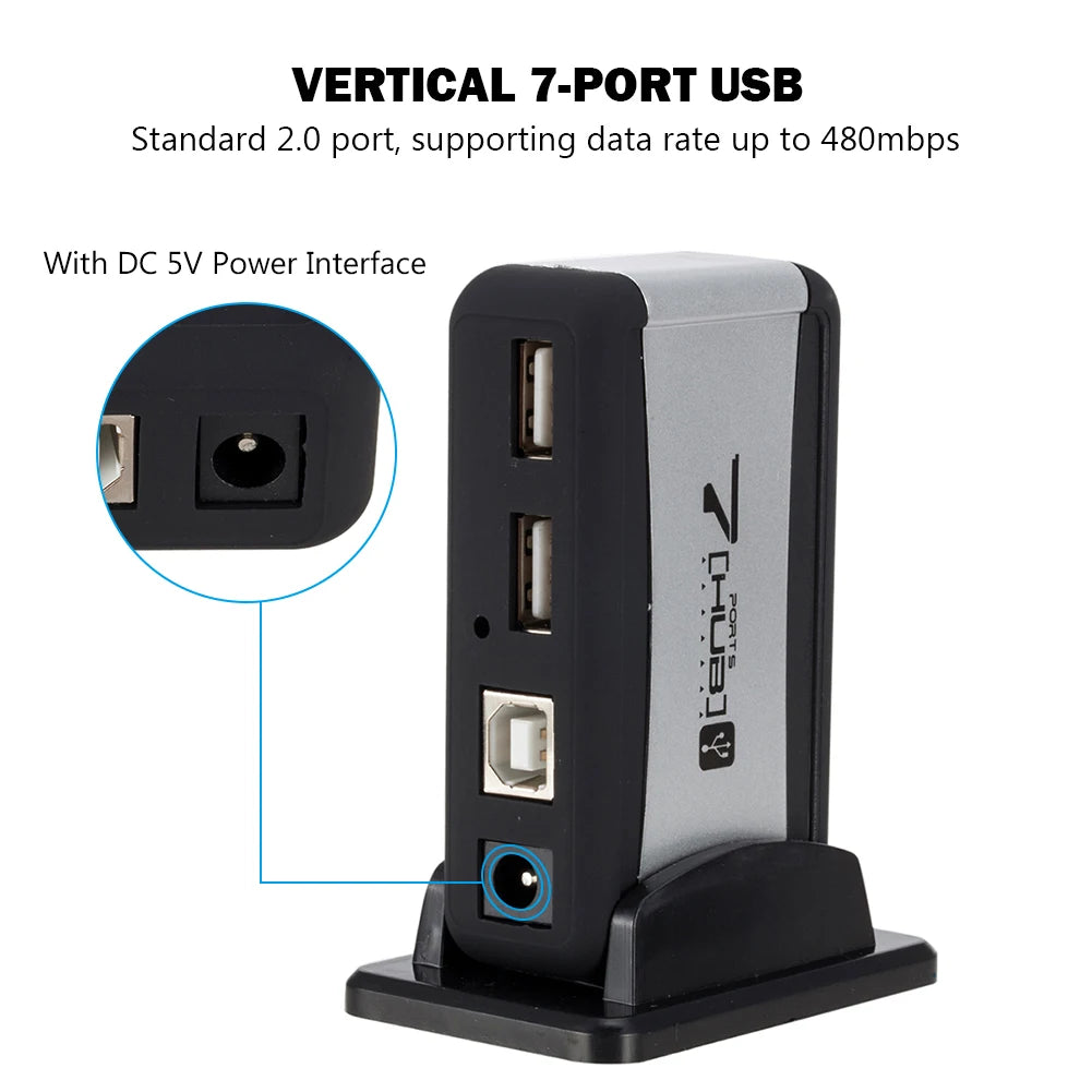 Vertical USB Hub Multi 7 Ports USB 2.0 Splitter with Power Adapter US/EU Up to 127 Devices Connected for PC Computer Accessory