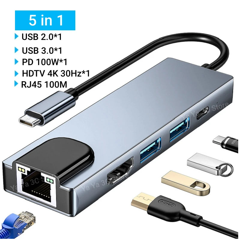 5 Ports USB C Hub to 4K HDMI-Compatible USB 3.0 2.0 HUB Type C Charging PD 100W RJ45 100M Docking for Macbook Notebook Computer