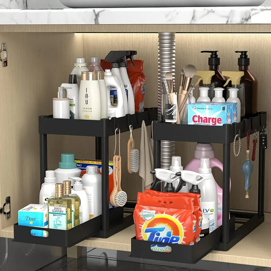 2-Tier Sliding Under Sink Organizer Multifunctional Space-Saving Bathroom Cabinet Storage Drawer
