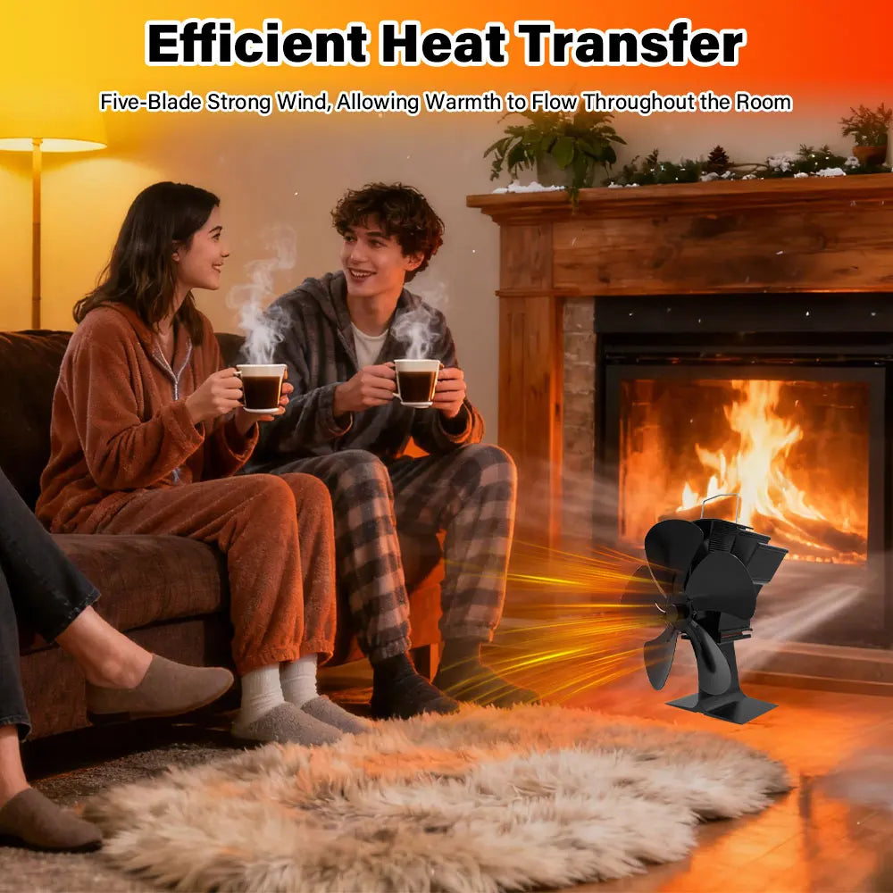 Heat Powered Stove Fan Eco Quiet Black 5 Blades Log Wood Burner Fireplace Fan Efficient Heat Distribution Winter Warmer Home
