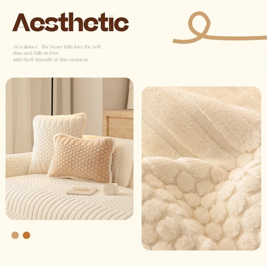Creamy Fluffy Binding Tuffed Fleece Thickened Warm Non-Slip Sofa Cover, Cozy Sofa SlipCover Towel for Living Room Couches