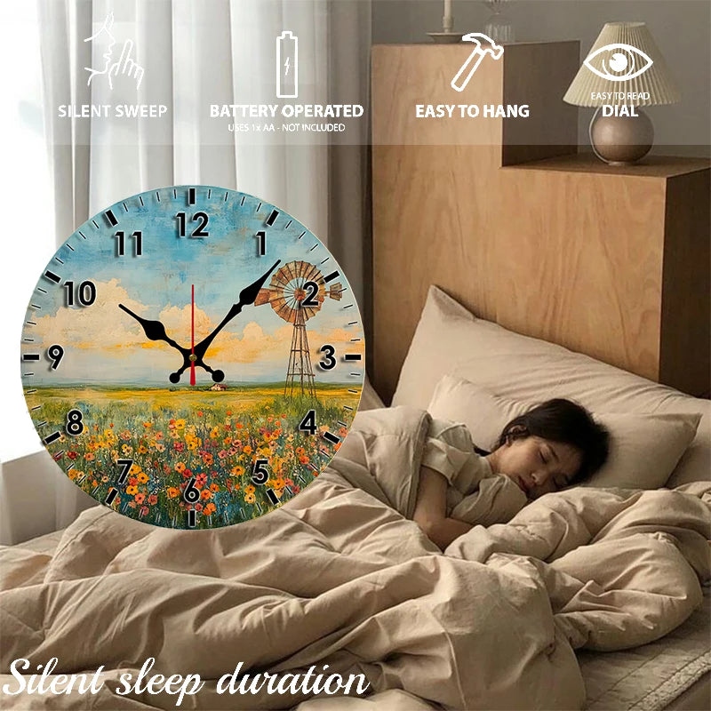 Windmill Field Wooden Round Silent Hanging Wall Clock, Suitable For Living Room, Office, Study Room, Bedroom, Home Decoration