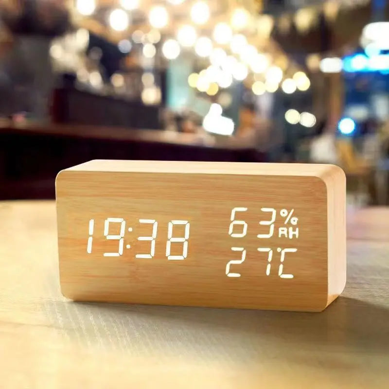 Luminous Wooden Clock Digital Alarm LED Display Electronic Rectangle Desk Table Clocks Temperature Timer Multi Function Eco