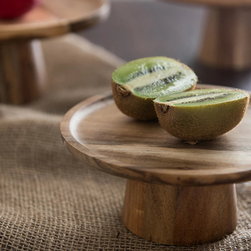 KEMORELA High Stand Wooden Cake Plate Creative Food Serving Trays Eco Natural Wood Dessert Fruit Snack Tray Home Decor